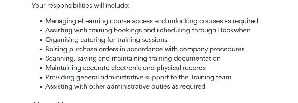 Job listing responsibilities covering eLearning access, training bookings, purchase orders, documentation and records management