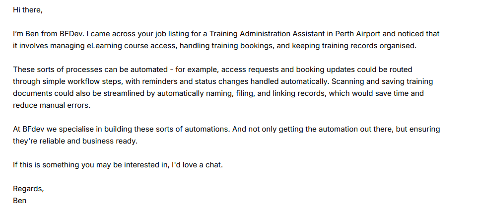 Generated outreach email for a Training Administration Assistant in Perth Airport, suggesting automation of access requests, booking updates and document filing